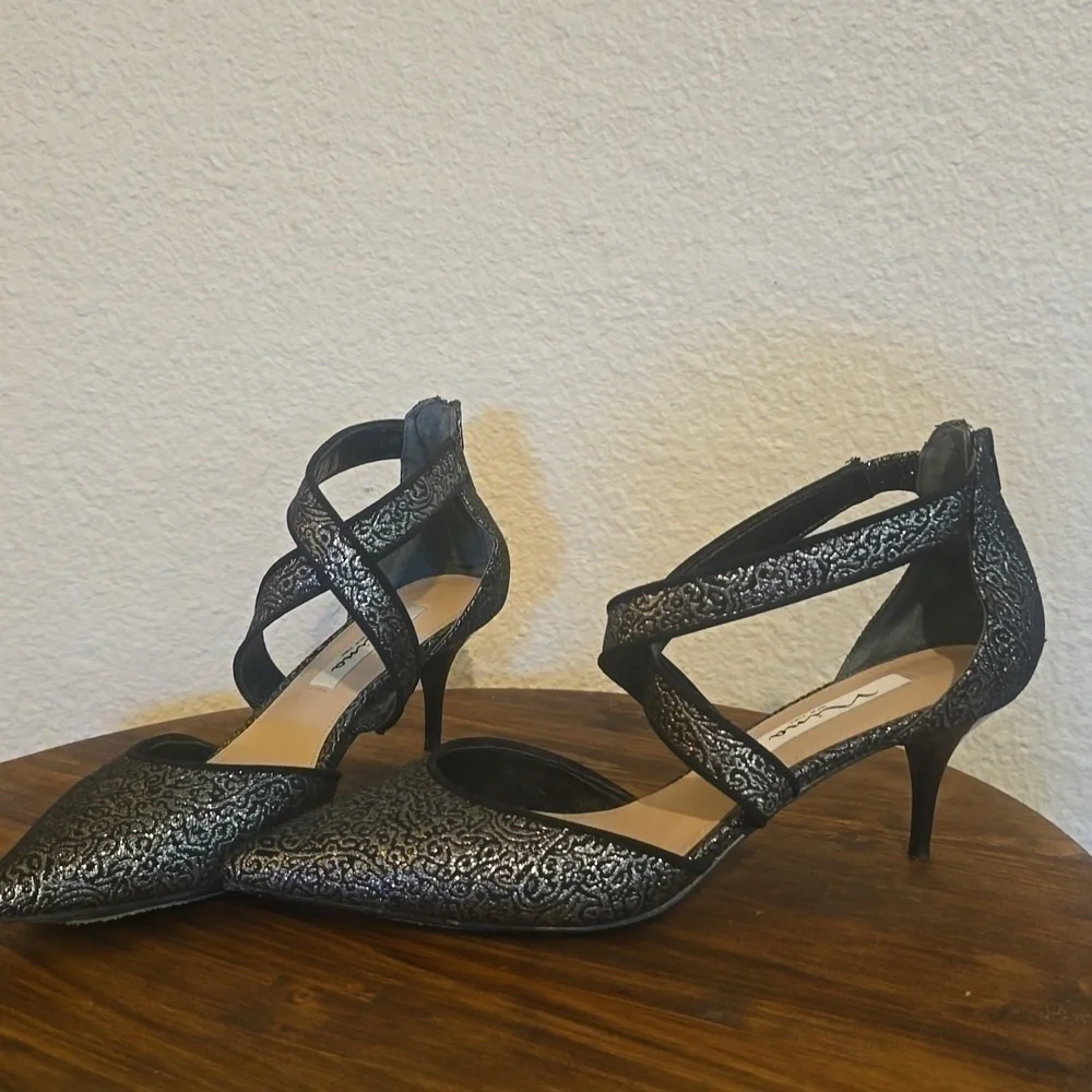 Nina New York |Black & Silver Jacquard Slip On Back Zip HEELS Fancy Elegant 8